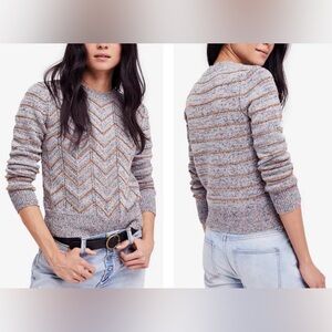 Free People Zig-Zag Print Gray & Tan Chevron Retro Sweater Size XS